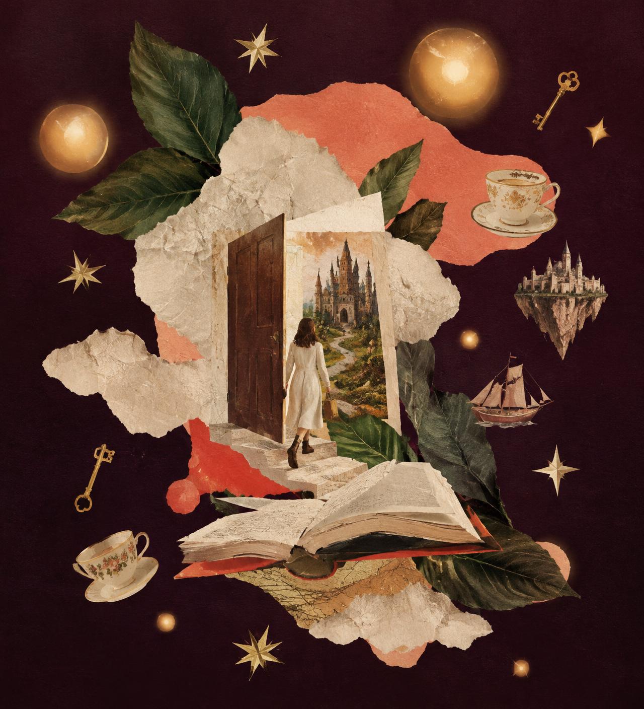 Paper collage of a figure stepping through a door into a floating storybook world, surrounded by glowing orbs, keys and leaves
